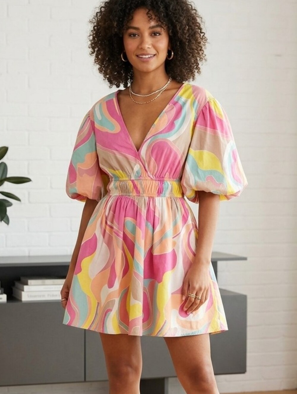 Sincerely Jules Pastel Swirl V-Neck Puff Sleeve Mini Dress